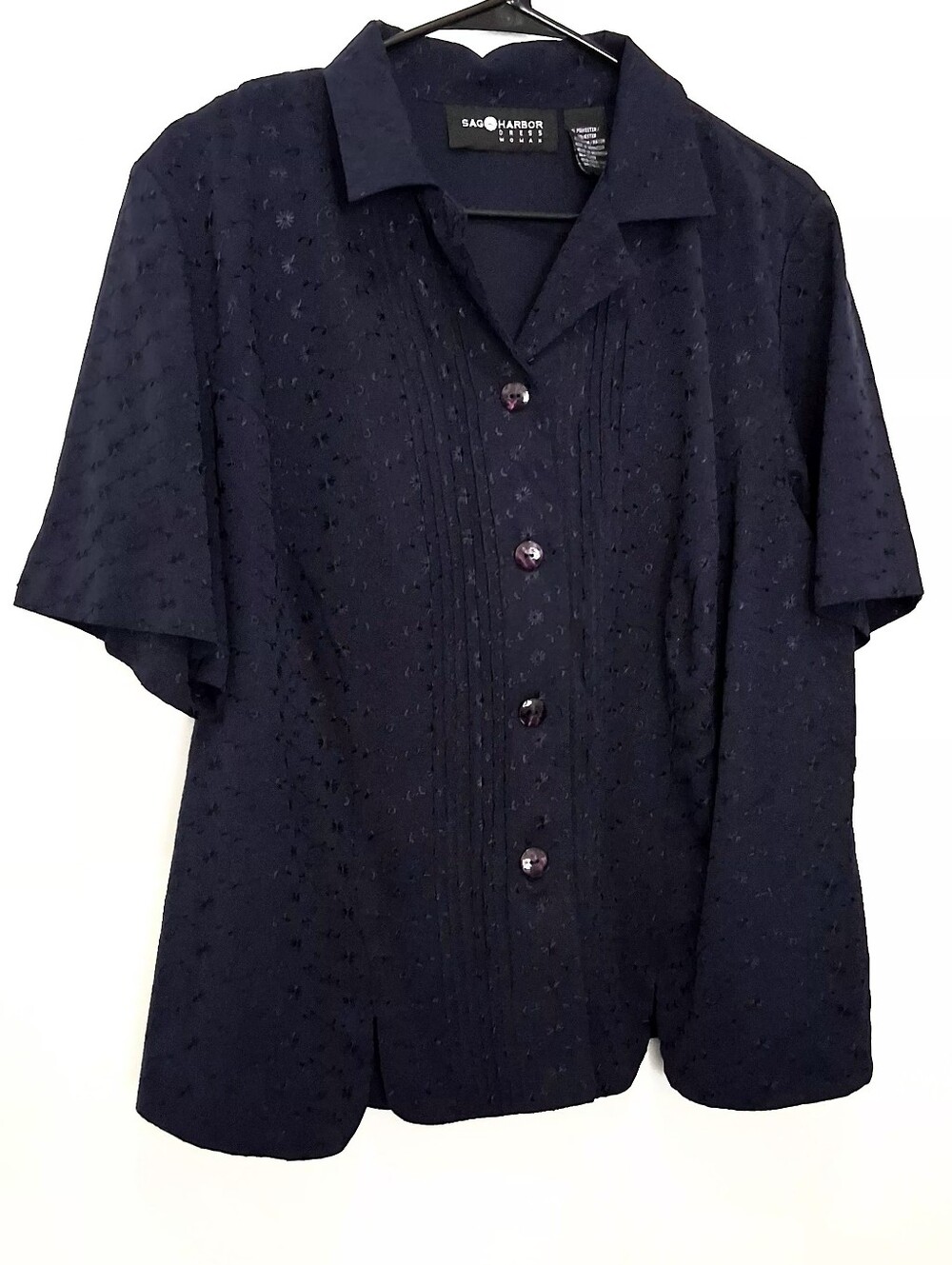 SAG HARBOR Navy Eyelet Short-Sleeve Button-Down Shirt Size 16W Fit 1X